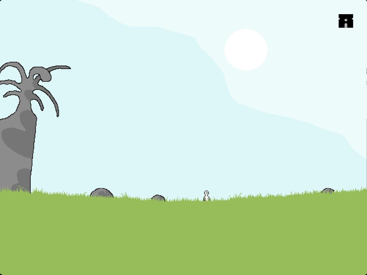 The opening area of Seiklus: a pale blue sky, a large grey tree, green grass, and a small white figure standing alone