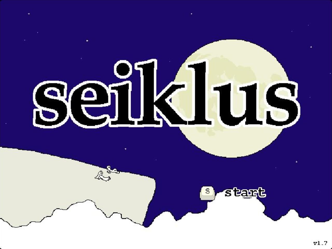 The Seiklus title screen: the word seiklus over a full moon and a night sky, with a small figure on a snowy ridge